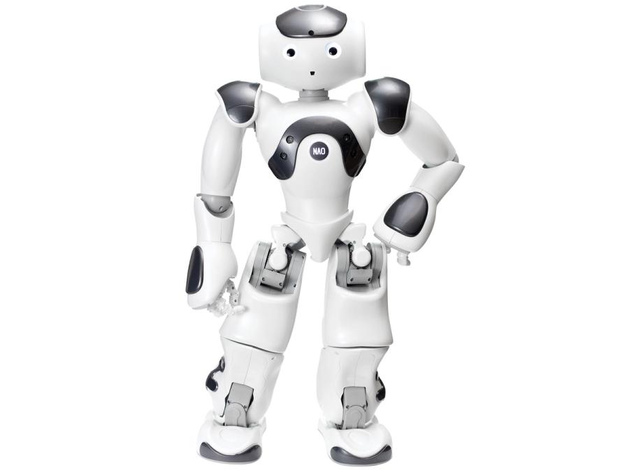 NAO de sixième génération, robot humanoïde blanc et gris, debout.